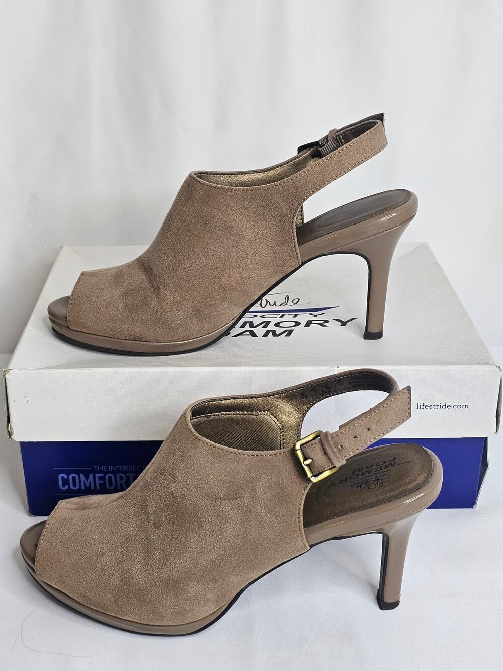 LifeStride Peep-Toe Slingback Faux-Suede Bootie Mushroom 9M
